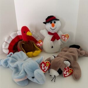 TY Beanie Baby Plush Lot – Snowman, Turkey, Elephant & Raccoon(Original tag)